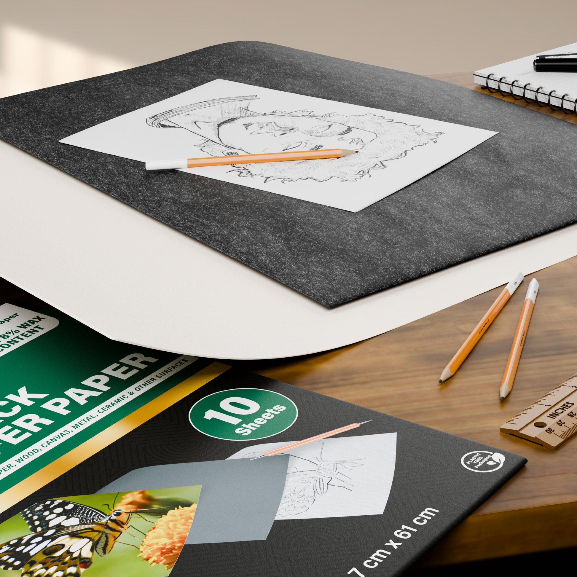 MyArtscape Black Transfer Paper in use – waxed tracing paper with sketch, pencils, and packaging shown
