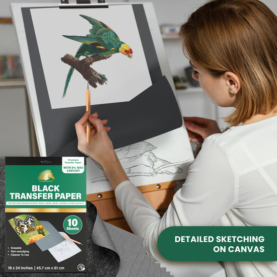 Black transfer paper in use for detailed sketching on canvas using stylus and reference design