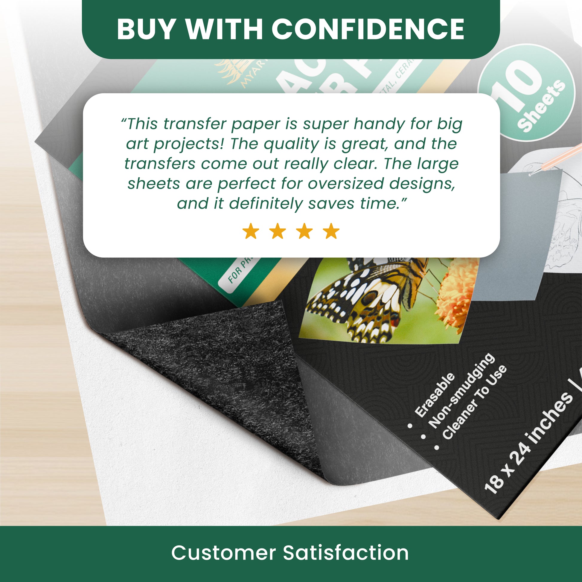 Customer review highlighting MyArtscape transfer paper's size, clarity, and time-saving design