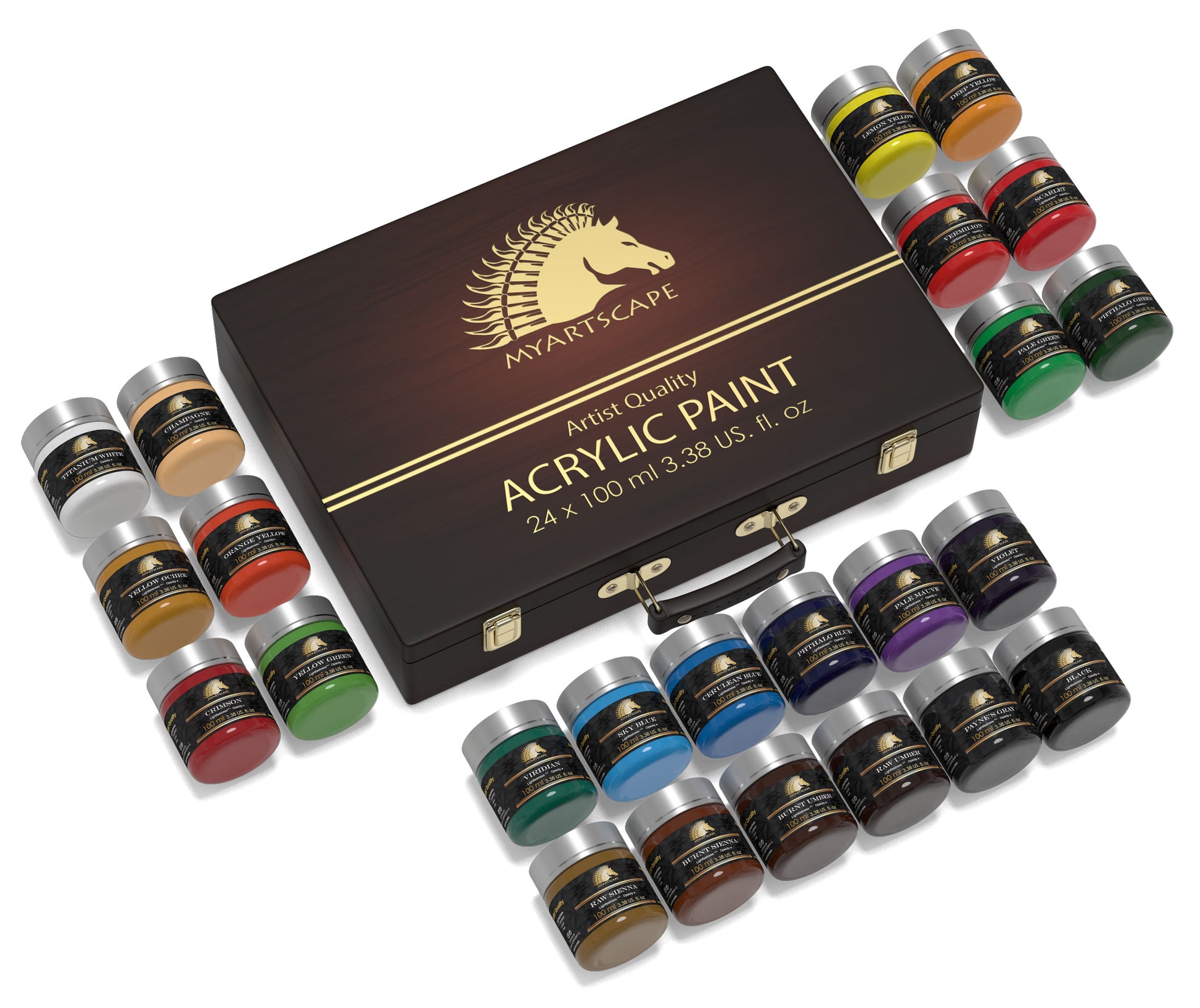 set of acrylic paints in a box